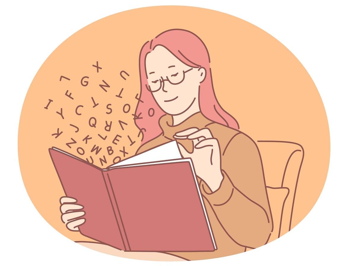 Chica anime leyendo un libro del cual salen letras.