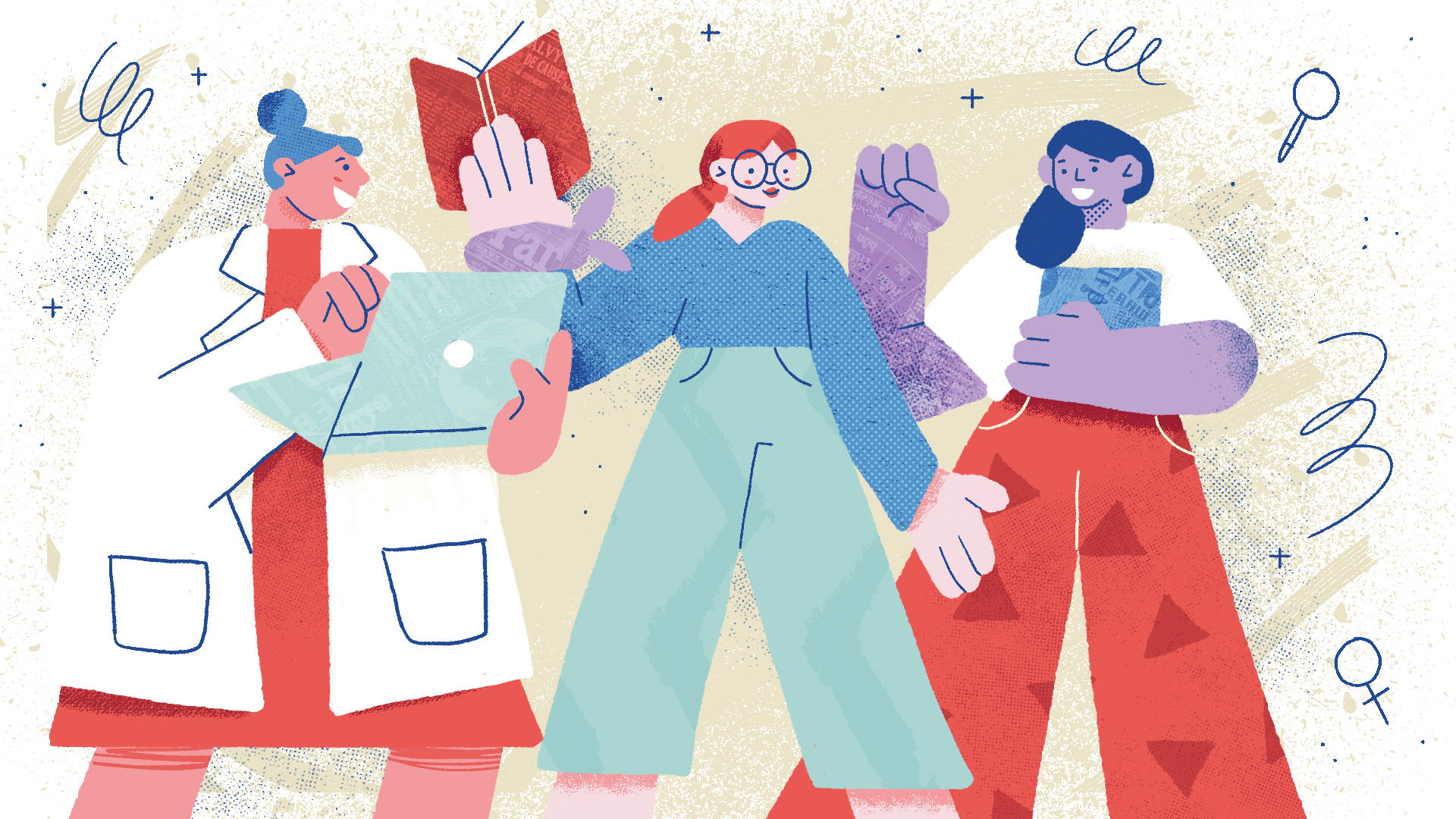 Anime de tres chicas con libros en sus manos.