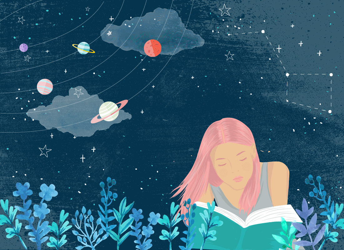 Dibujo de chica leyendo un libro mientras los planetas giran a su alrededor.