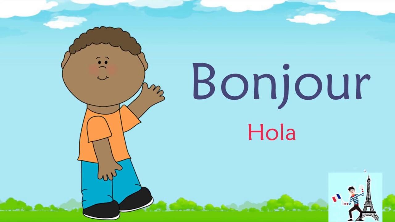 Dibujo animado de un niño saludando junto a la palabra BONJUR HOLA