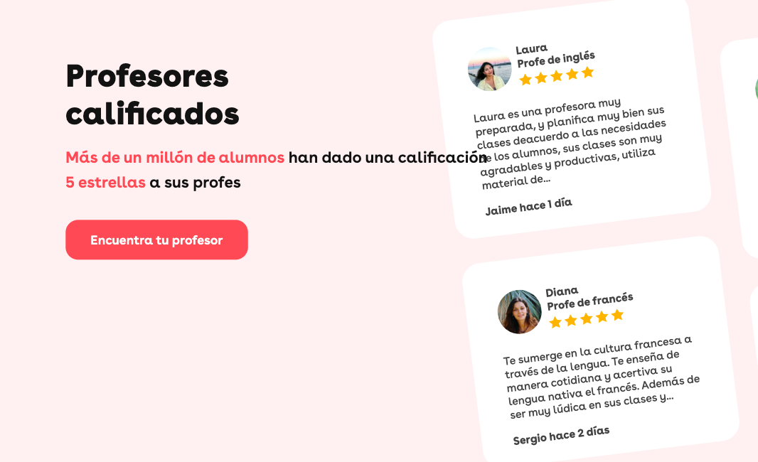 Vista de una de las imágenes de la página principal de Superprof con comentarios de usuarios