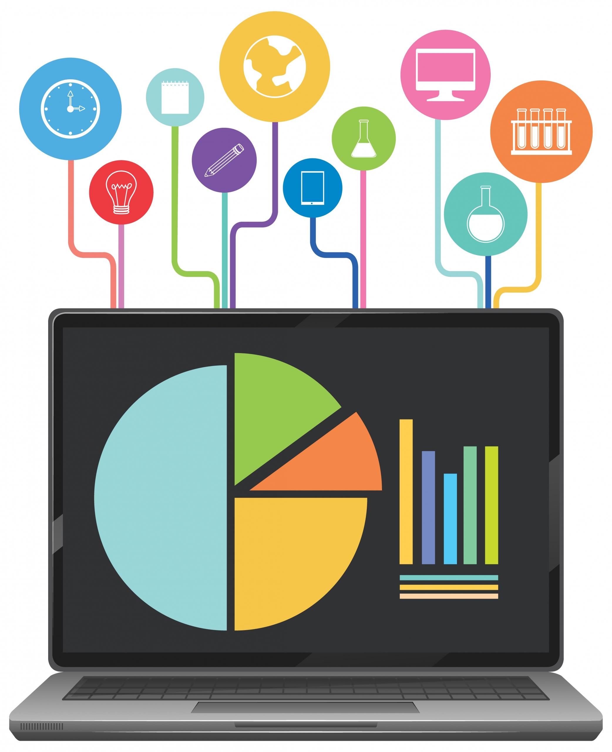 Vector de iconos sobresaliendo de una Laptop que tiene en la pantalla imágenes de gráficos de datos