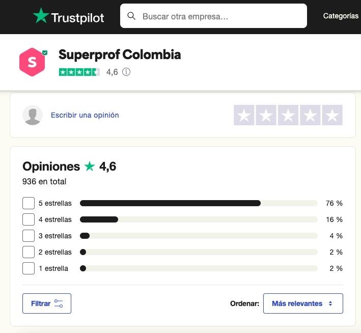 Vista de la empresa Superprof en Trustpilot