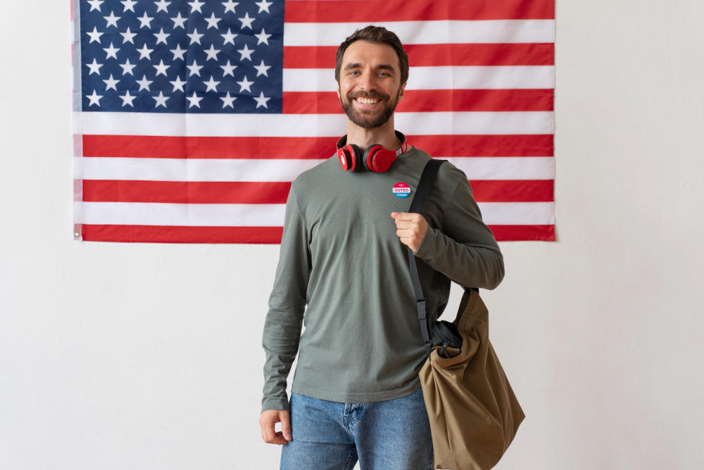 Estudiante sonriente, de fondo una bandera de USA 