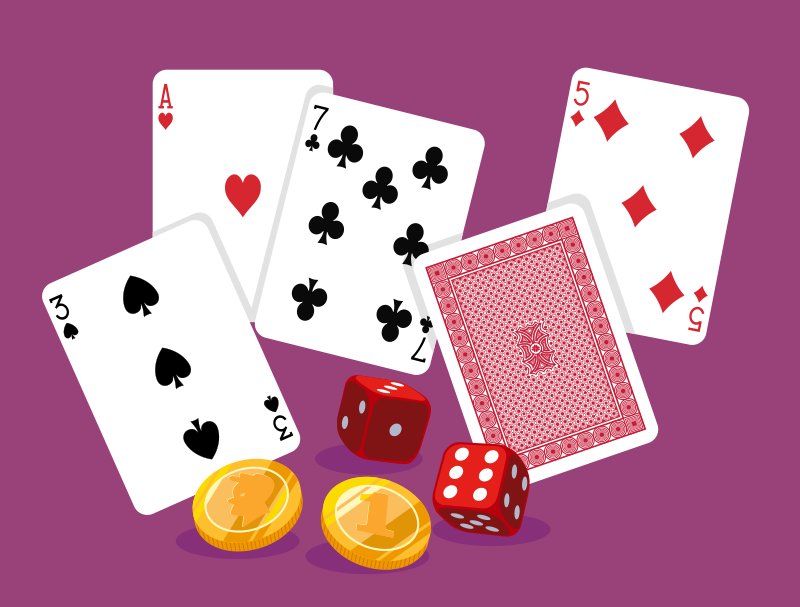 Cartas, monedas y dados de juegos de azar.