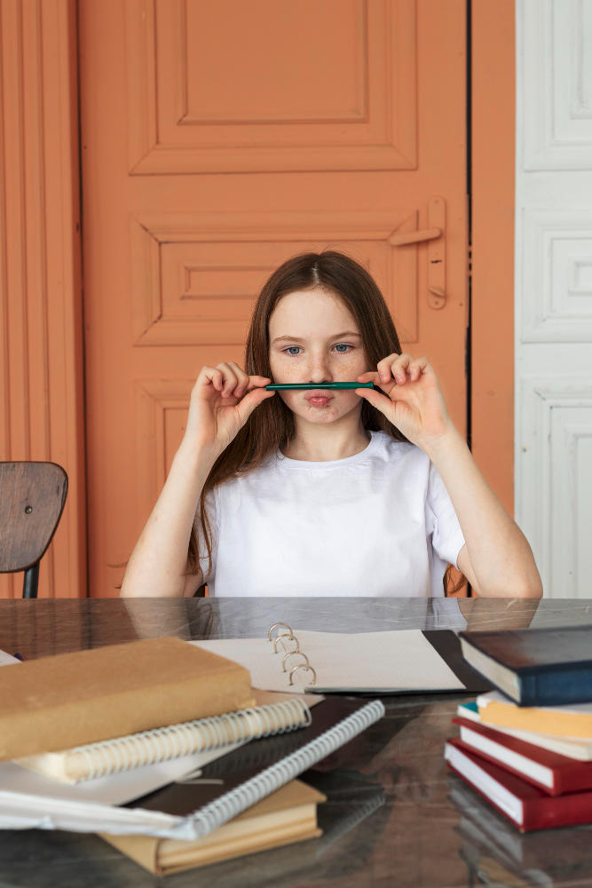 Chica sosteniendo un lápiz con el boso