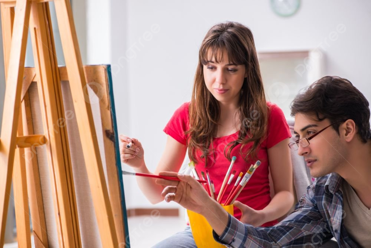 Profesora particular de pintura junto a un estudiante.