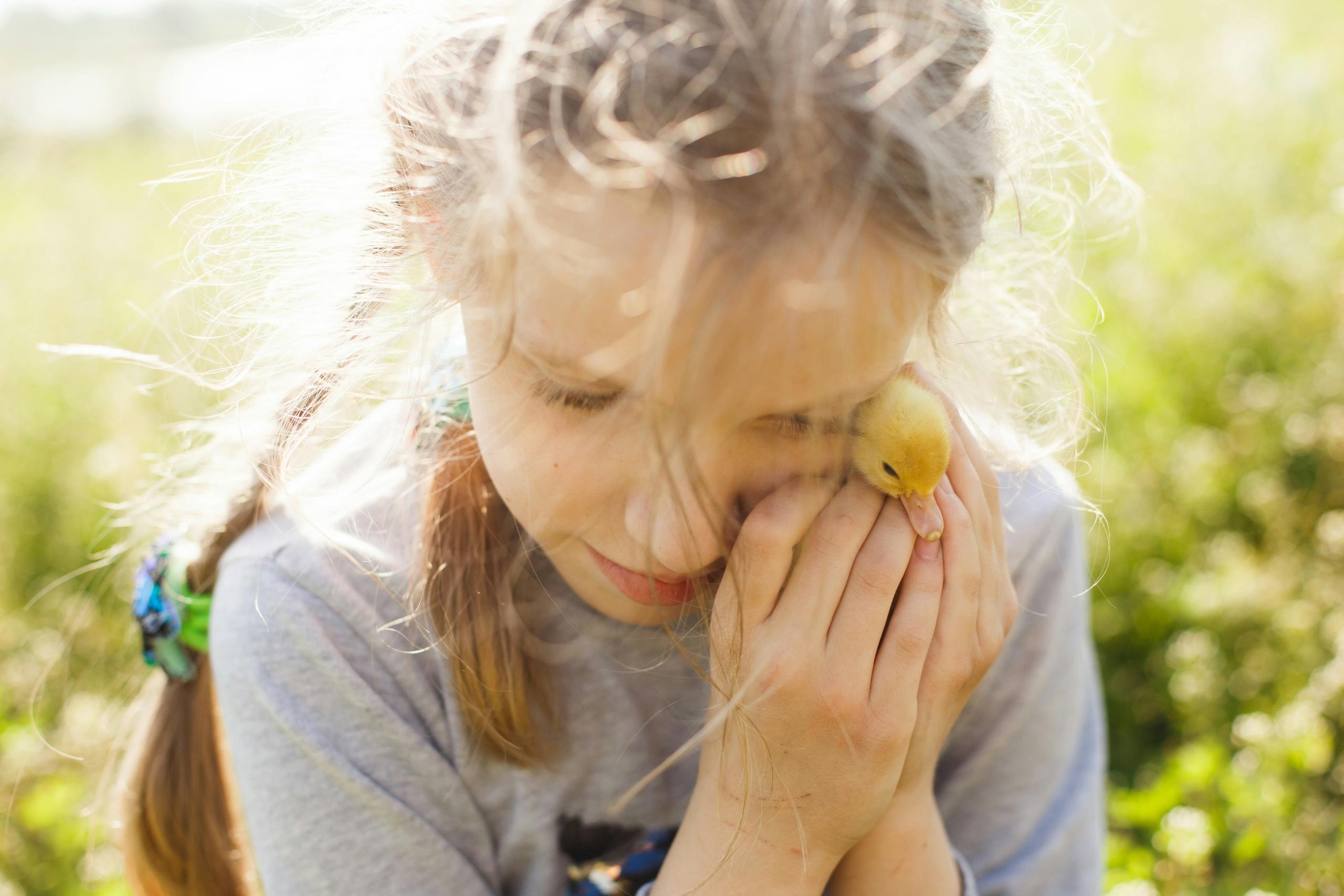 Niña en la naturaleza conociendo sobre los seres vivos con un pato entre sus manos