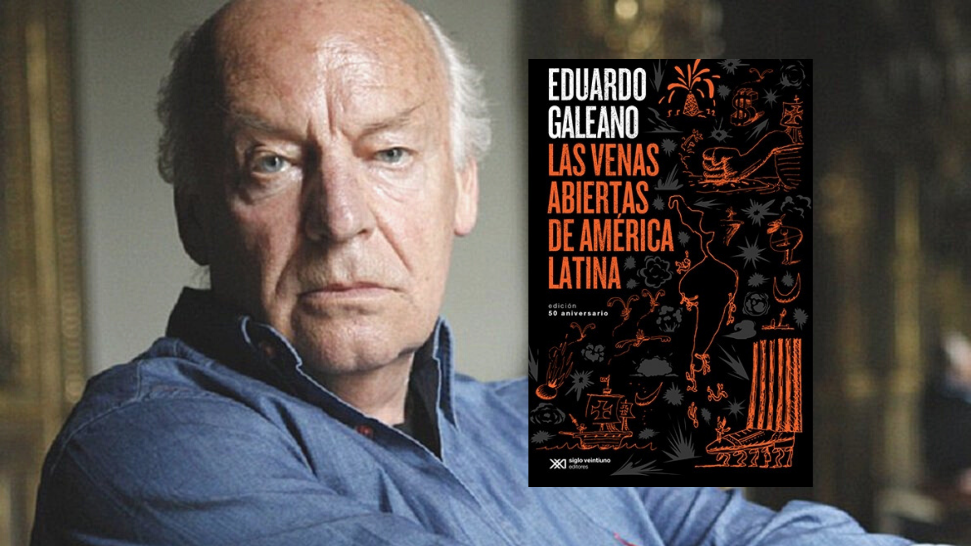 El escritor uruguayo y la carátula de su libro