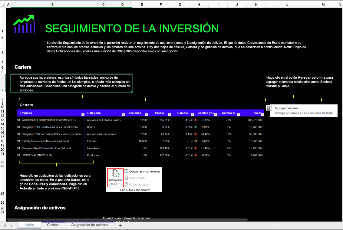 Imagen de plantilla excel de seguimiento de inversiones