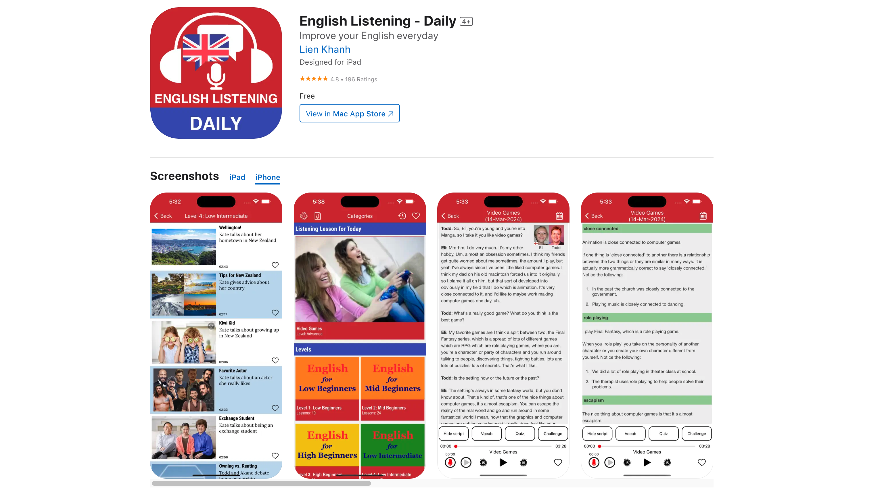 Captura de pantalla App English Listening Daily