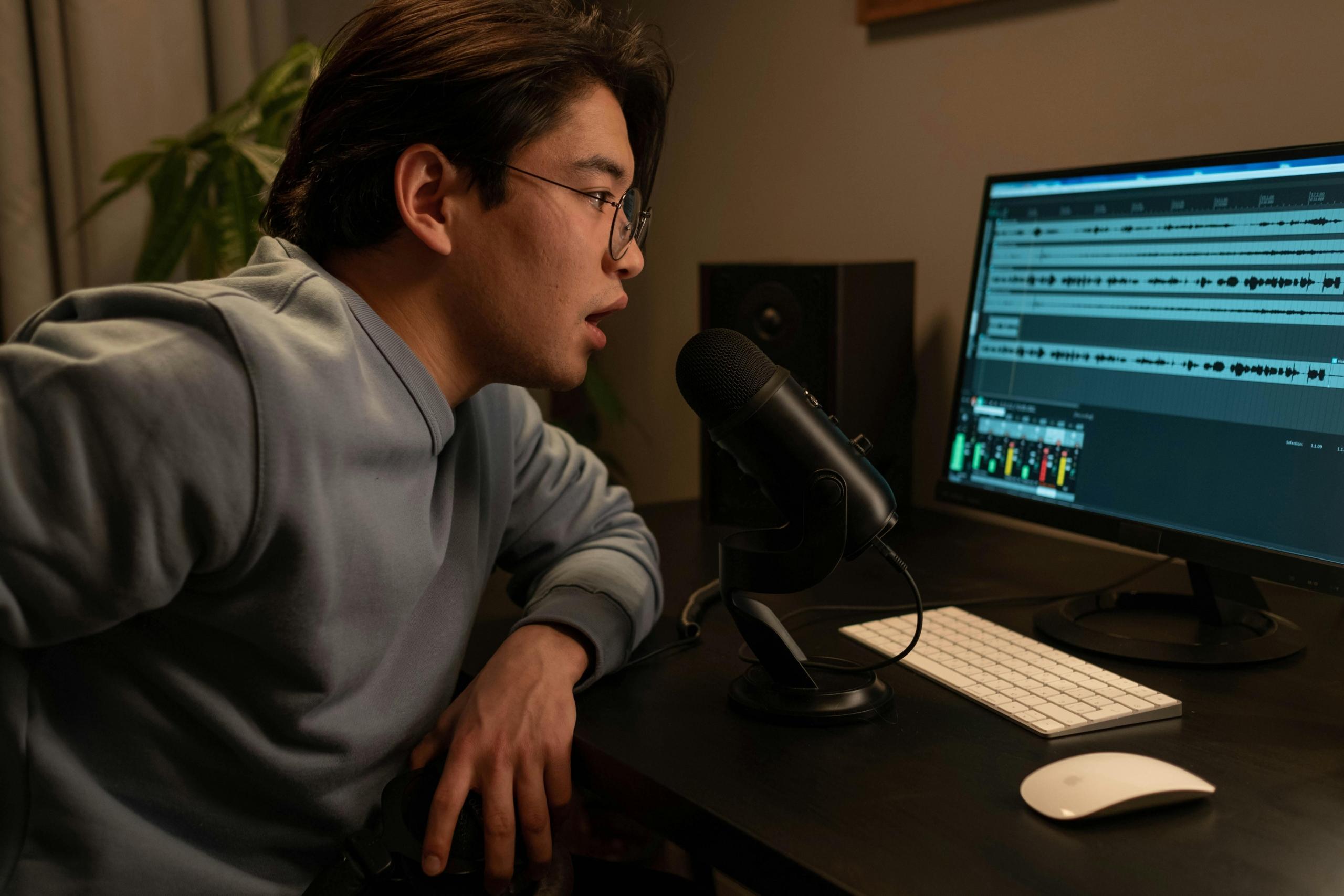 Cantante en un estudio de grabación armonizando con canto a dos voces