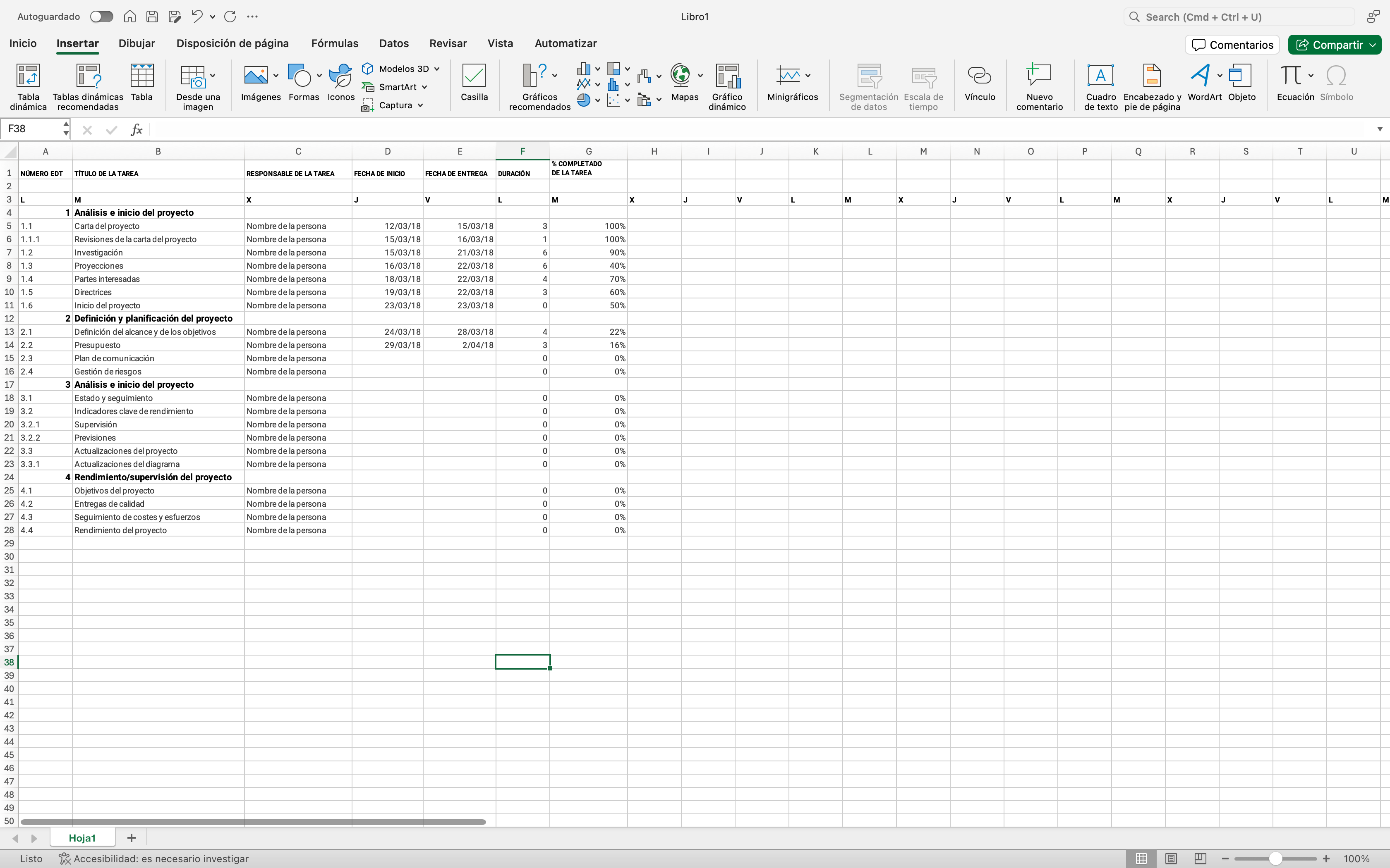 Interfaz que muestra la organización de un Proyecto en Excel