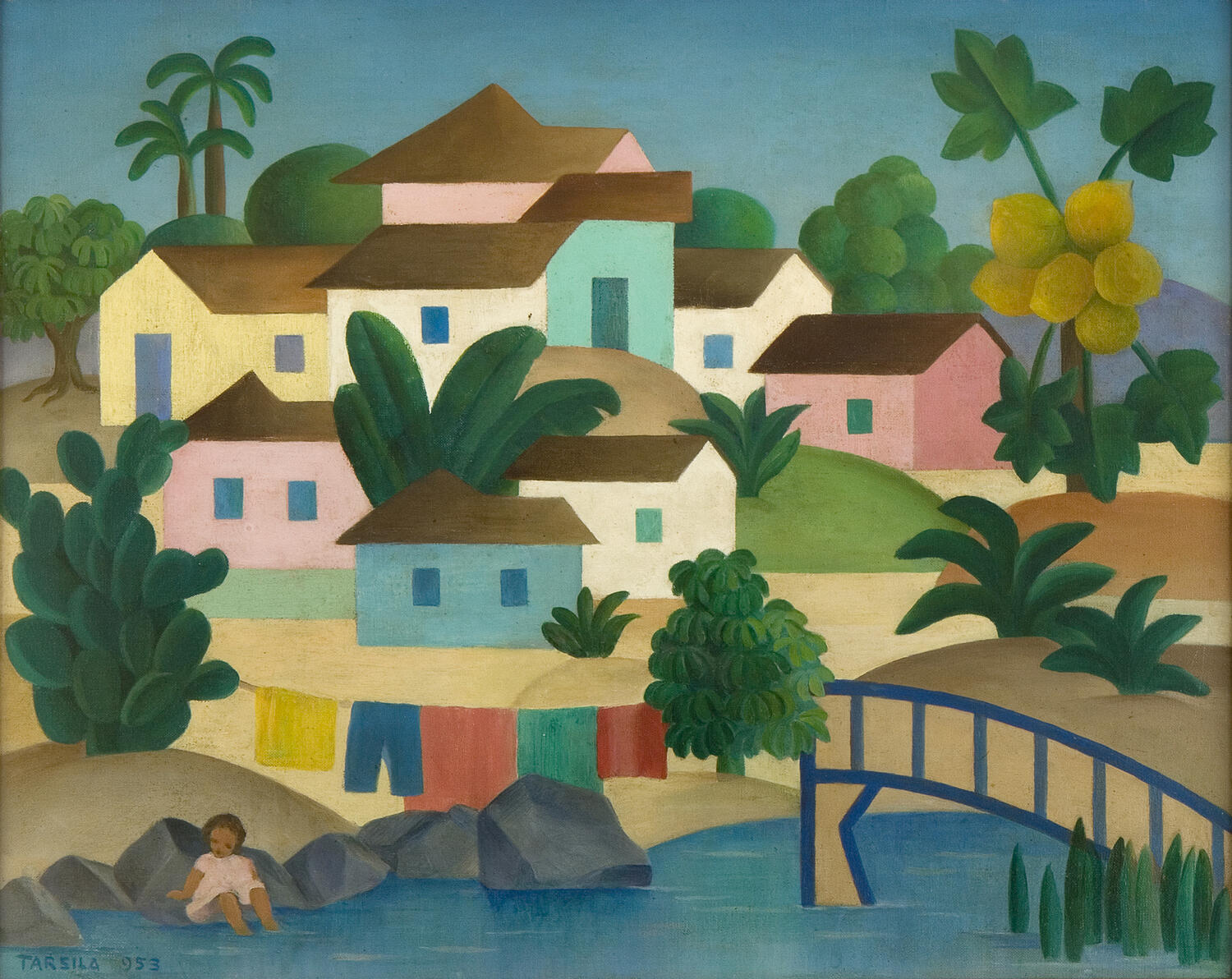 Tarsila do Amaral. Vilarejo com Ponte e Mamoeiro. 1953. Óleo sobre tela. 41 x 52 cm