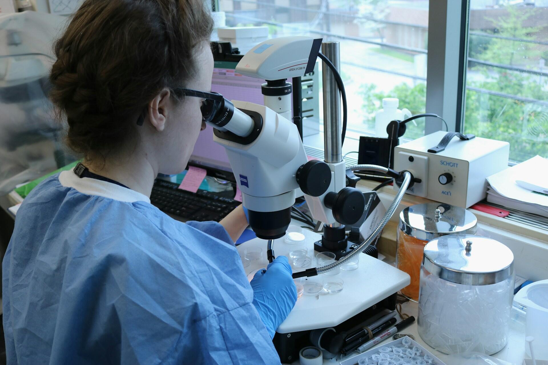 mujer con una bata de laboratorio mirando a traves de un microscopio