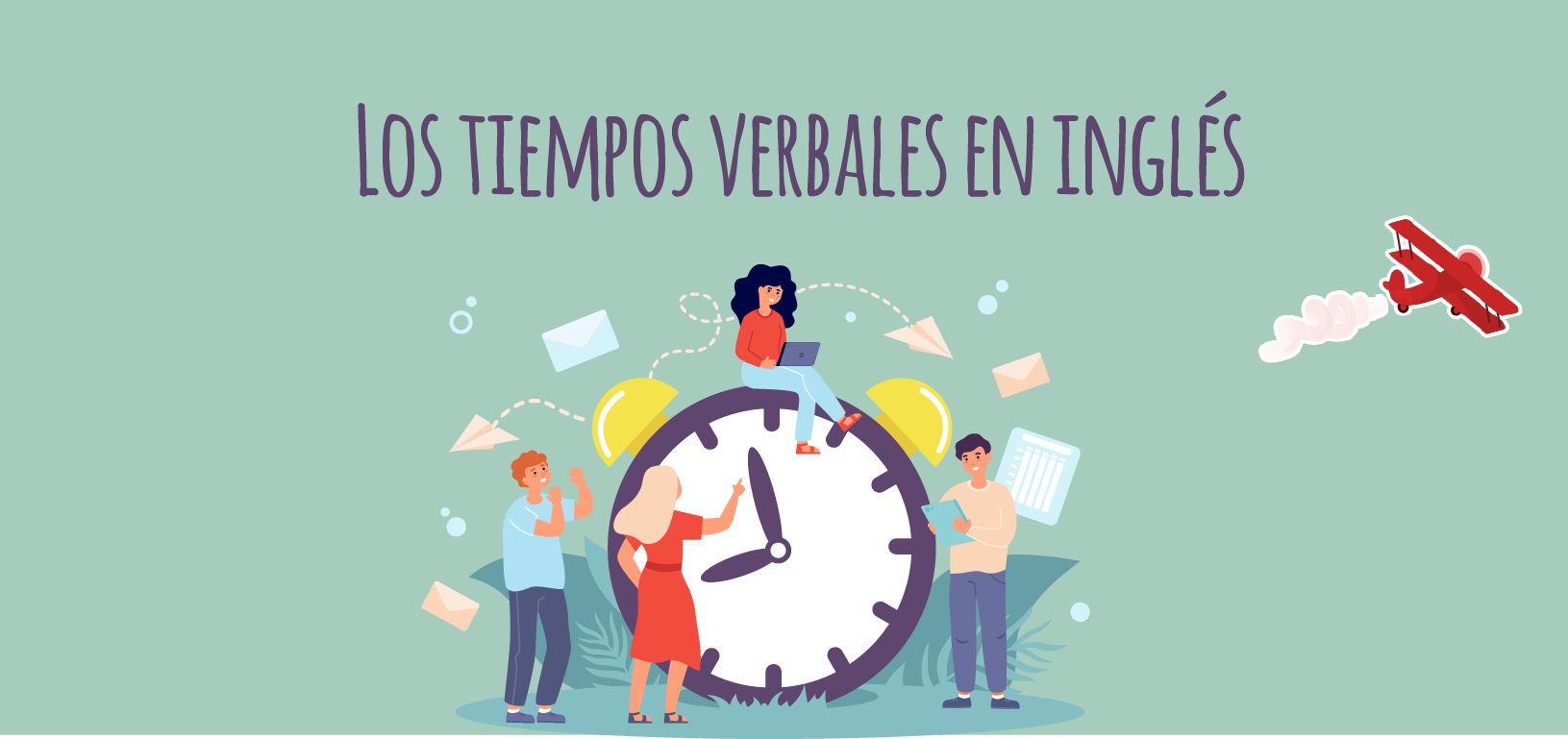Frase "tiempos verbales en inglés" sobre personas alrededor de un reloj.