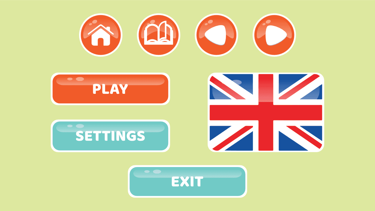 Bandera británica, junto a las palabras PLAY, SENTINGS, EXIT.