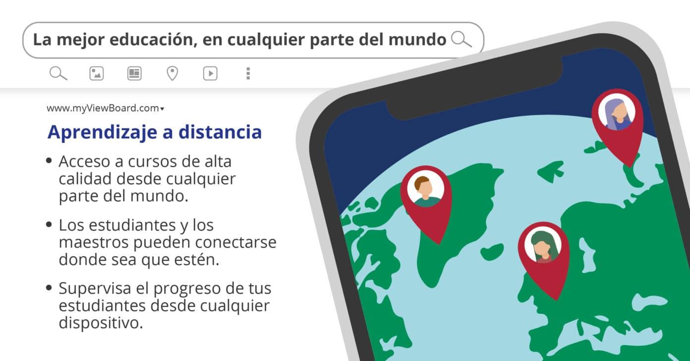 Celular con diferentes ubicaciones, colocado sobre el buscador de Google que muestra resultados de la educación a distancia.