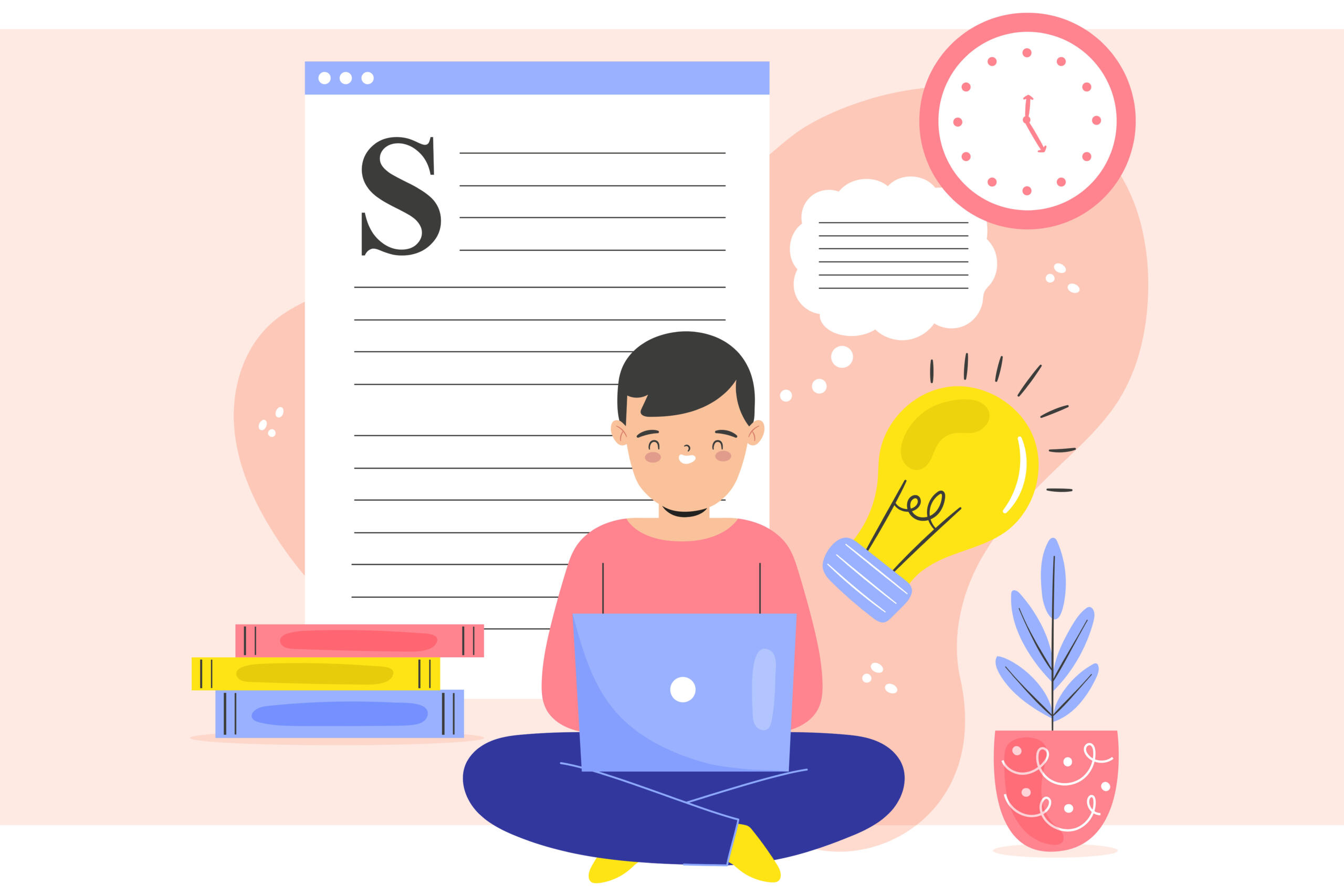 ilustracion de un chico sentado en el piso con una laptop, libros alrededor foco de idea, globito de pensamiento, reloj y una hoja gigante en todo el fondo con su texto.