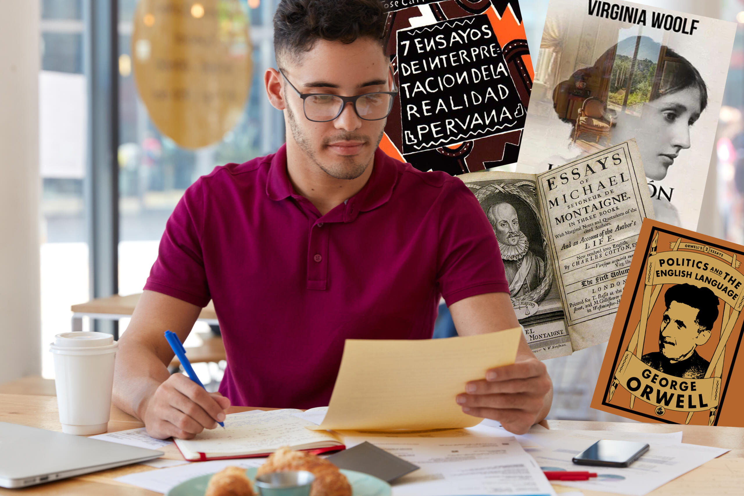 chico en un escritorio de biblioteca sosteniendo una hoja con libros de ensayos alrededor