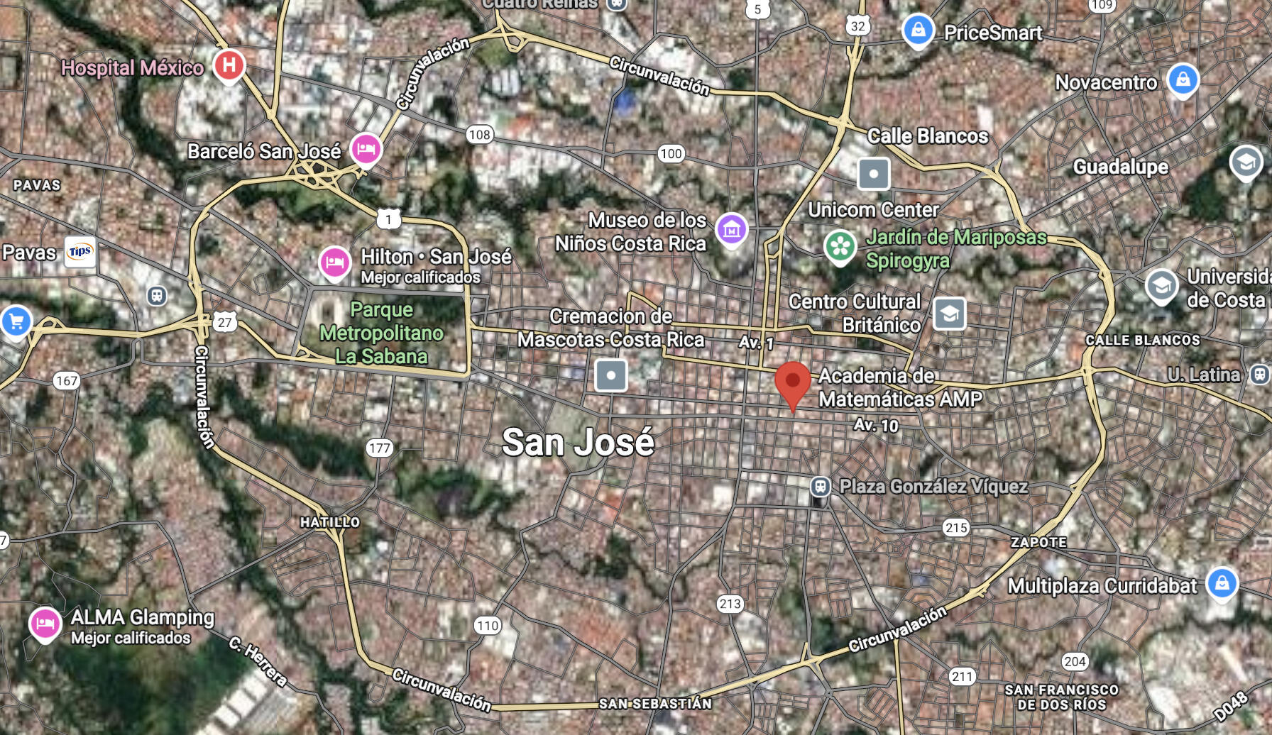 Ubicación de google maps de la Academia de Matemáticas AMP en San José