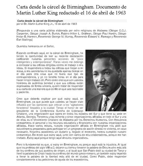 print de la traducción al español de la Carta de Martin Luther King enviada desde la cárcel de Birmingham 