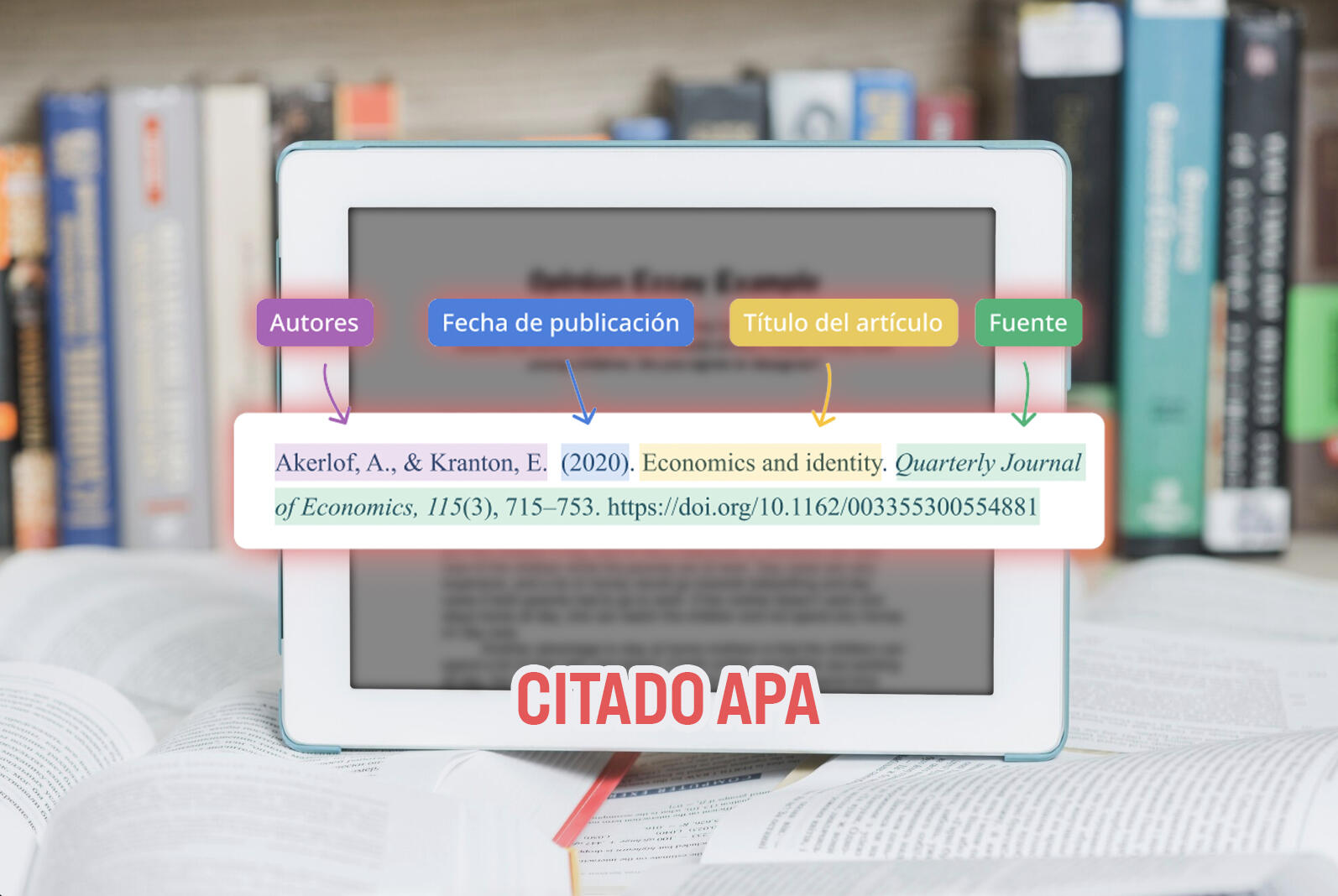 tablet con una cita ampliada con citado APA mostrando el nombre de cada parte en colores