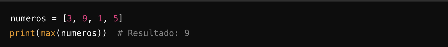 Fragmento de código que muestra una lista de números en Python y la salida del valor máximo, que es 9.
