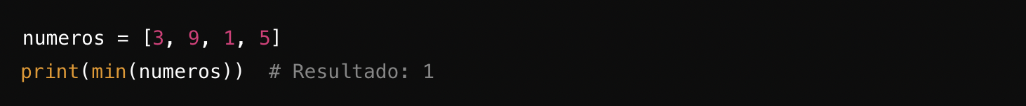 Fragmento de código que muestra una lista de números en Python y la salida del valor mínimo, que es 1.