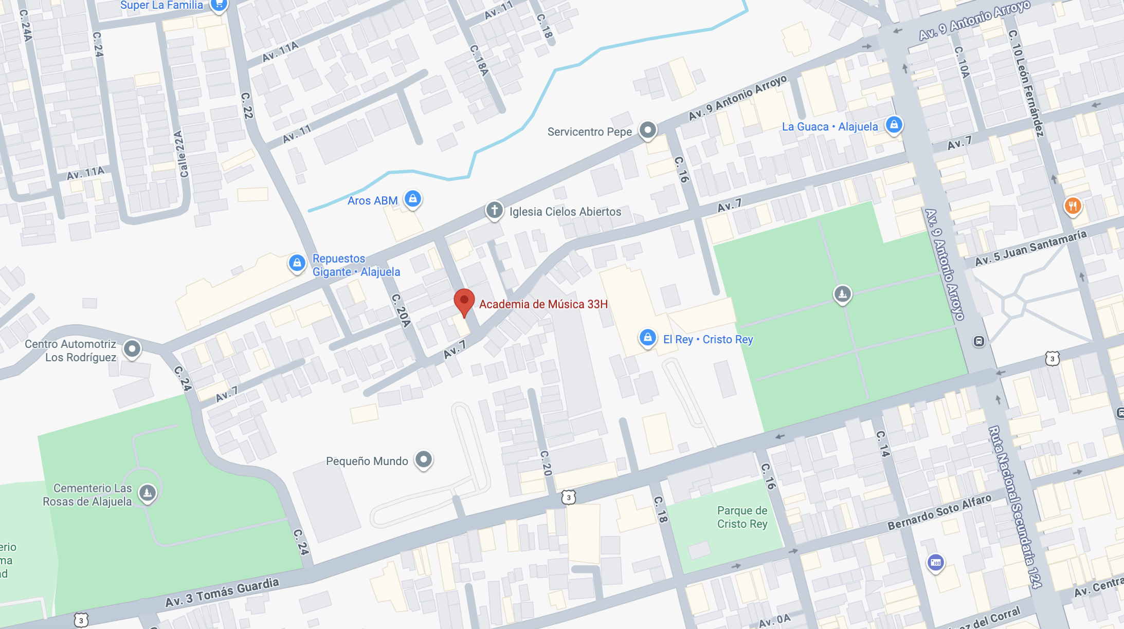 Academia de Música 33H en google maps, 100 m al sur de Alajuela Elderly Park, mano derecha esquina, Alajuela