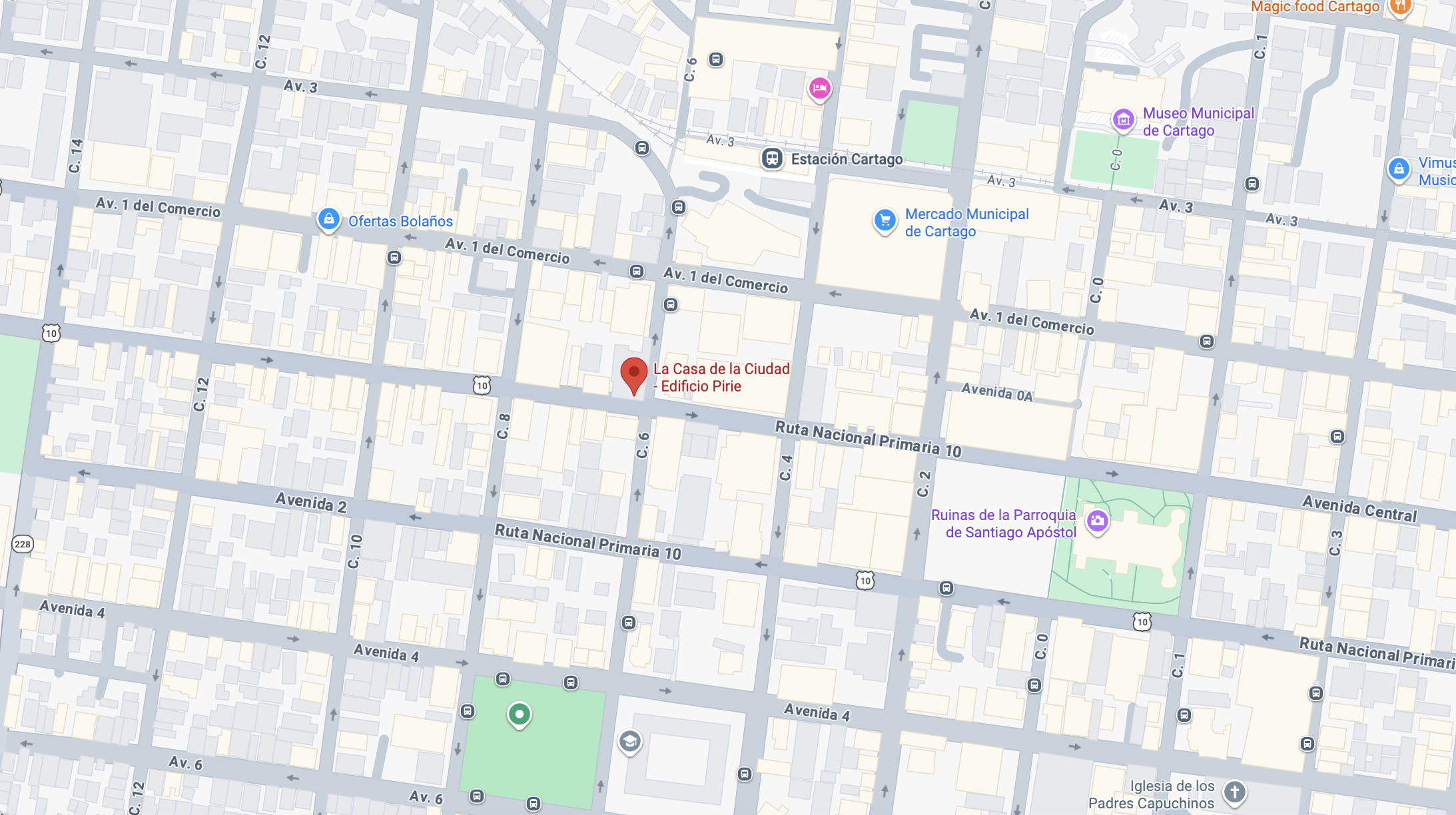 Ubicación en google de la Casa de la Ciudad, en Avenida 0, Calle 6, Frente a la Catedral Nuestra Señora del Carmen, Cartago