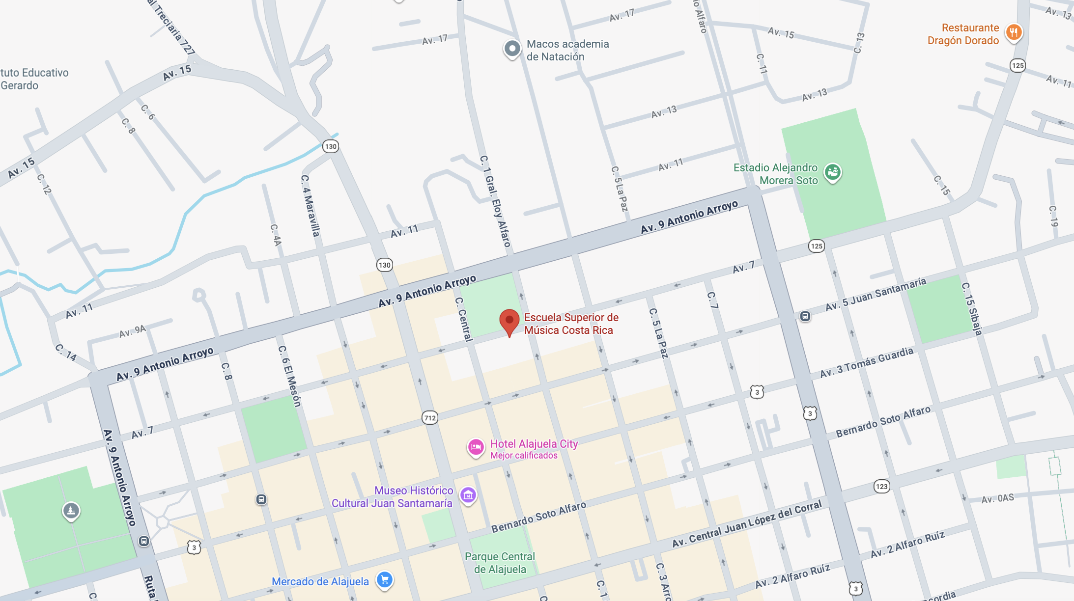 Ubicación de la Escuela Superior de Música Costa Rica en google maps: De correos de Costa Rica 100 m norte y 50 m oeste, Alajuela centro.