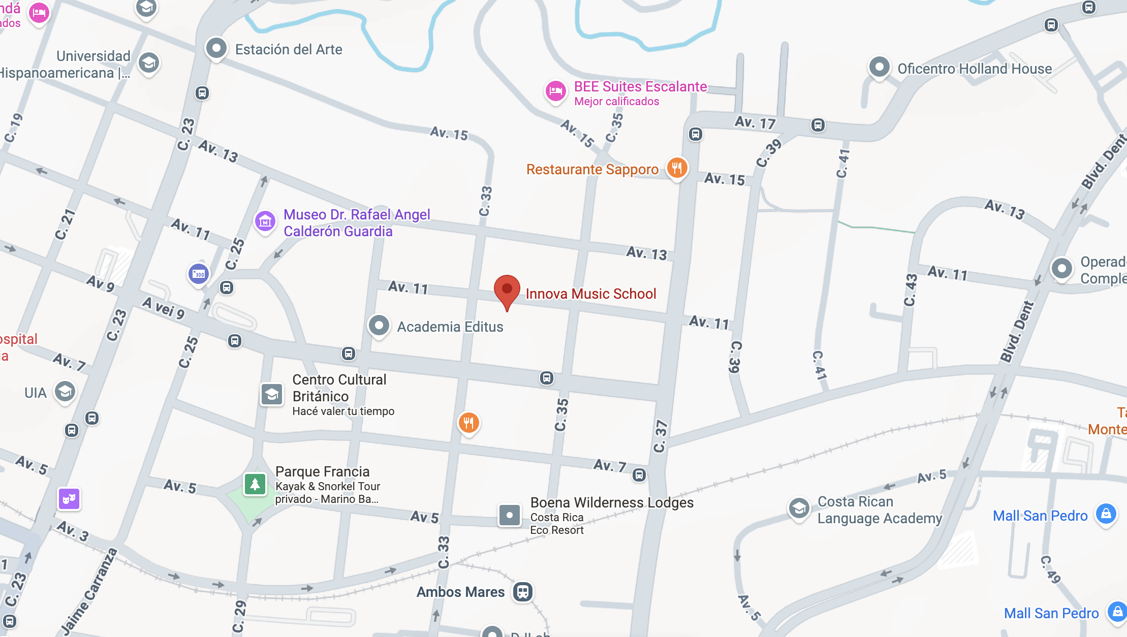 Ubicación en google maps de la academias Innova Music School Av. 11, Barrio Escalante, San José