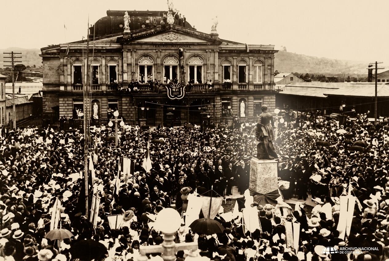 Imegen de una plaza de Costa RIca celebrando la independencia y poniendo la escultura de Juan Mora