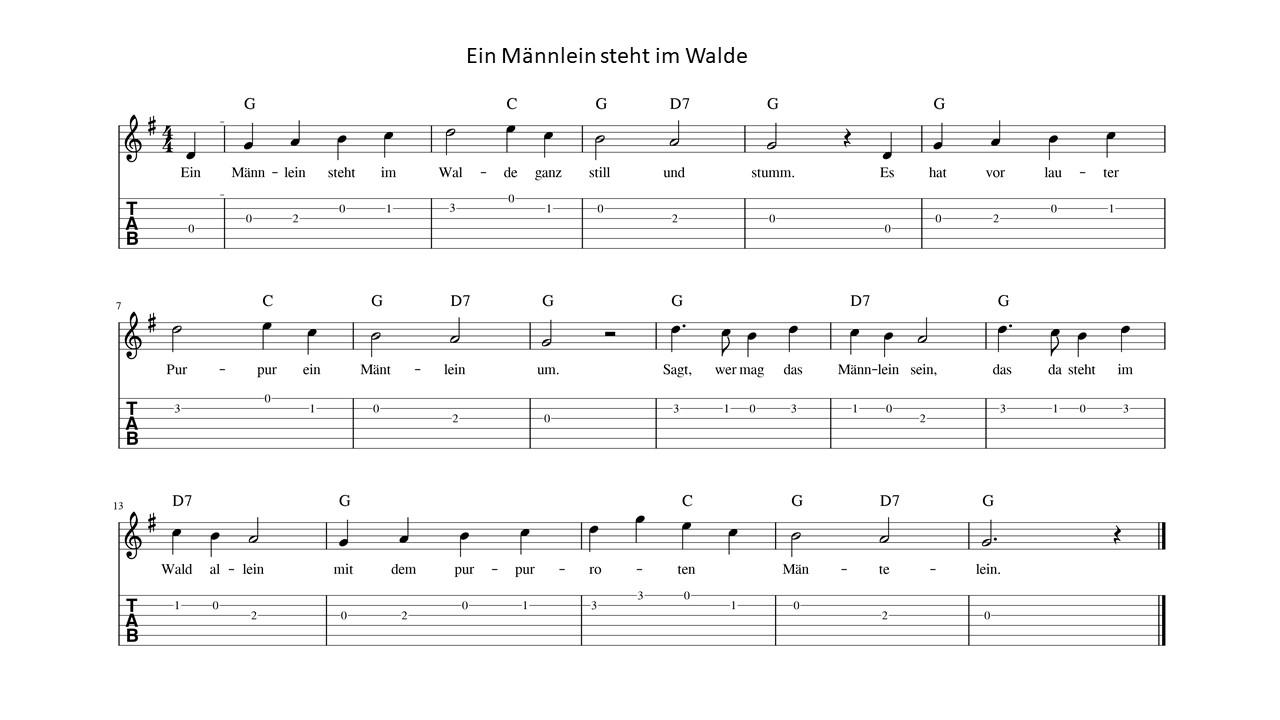 Melodie, Tabs und Chords ein Männlein steht im Walde.