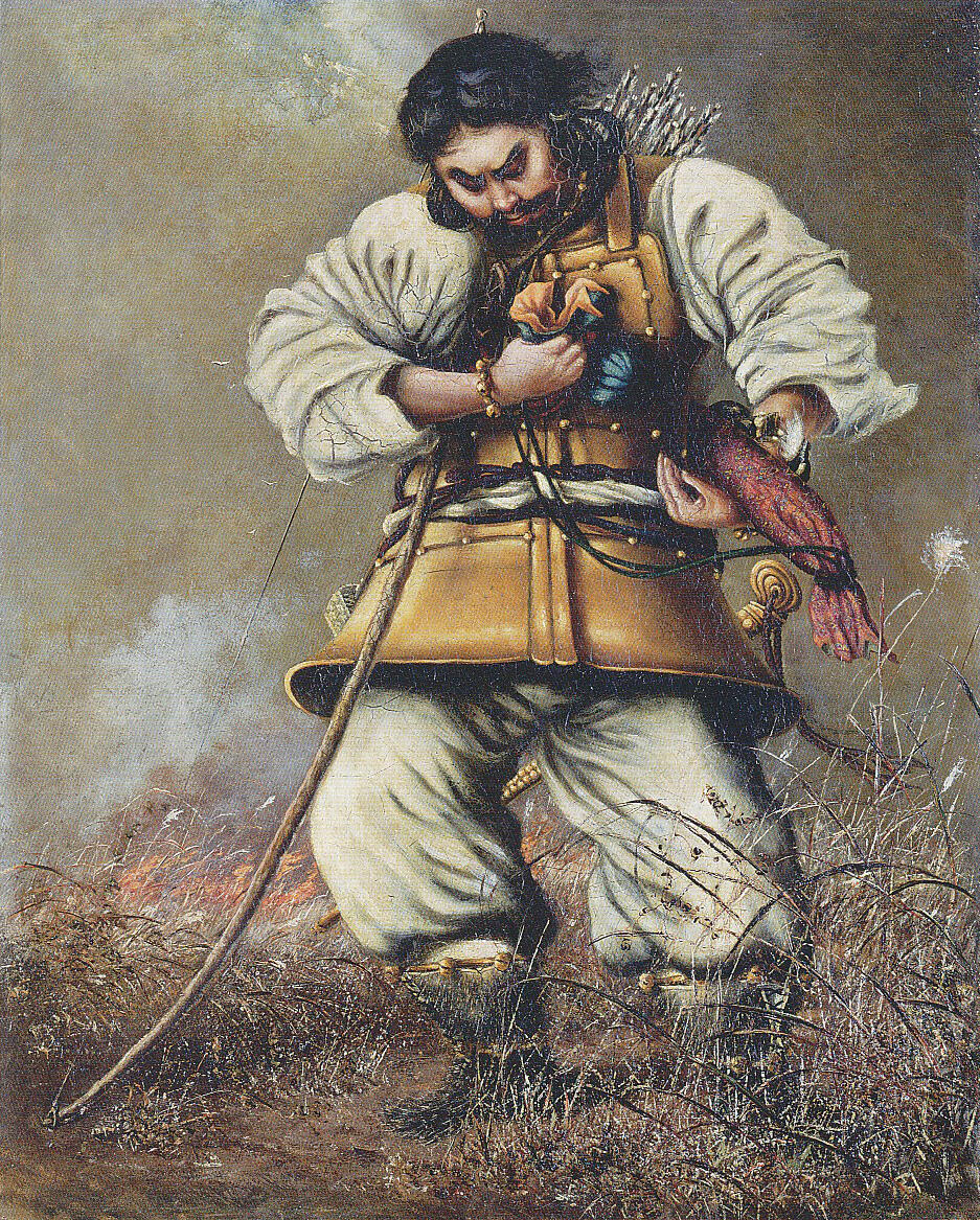 Ein Gemälde auf dem Yamato Takeru, ein japanischer Krieger zu sehen ist.