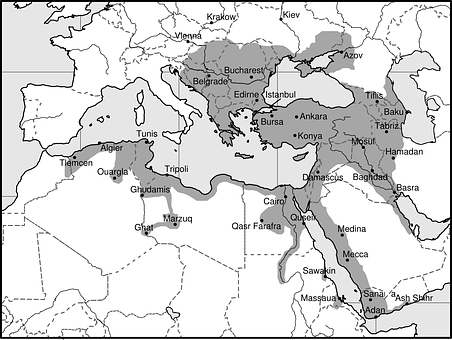 Osmanisches Reich: von Ungarn im Norden bis nach Aden im Süden und von Algerien im Westen bis zur iranischen Grenze im Osten