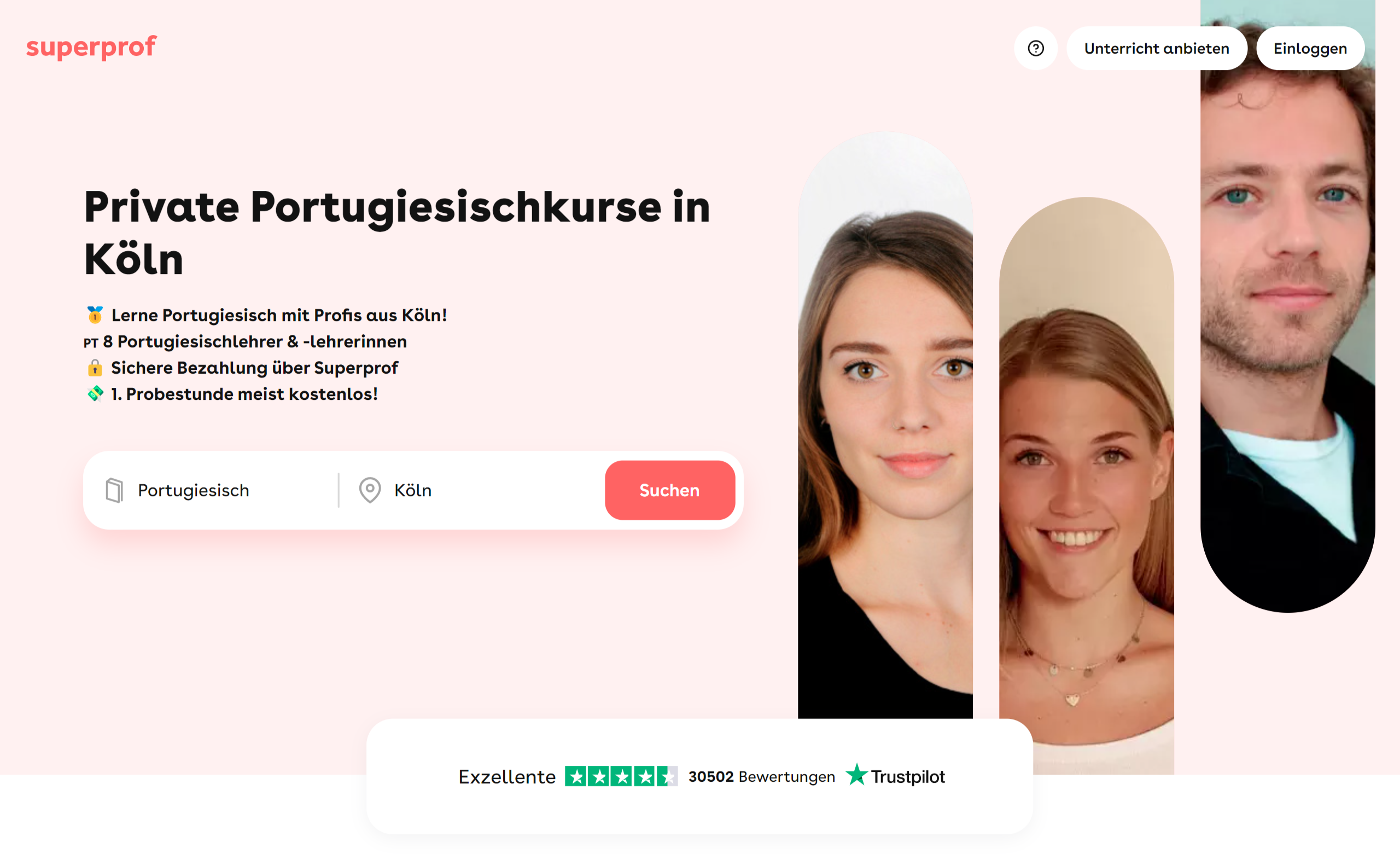 Neben der Suchmaske von Superprof sind Portraits abgebildet.