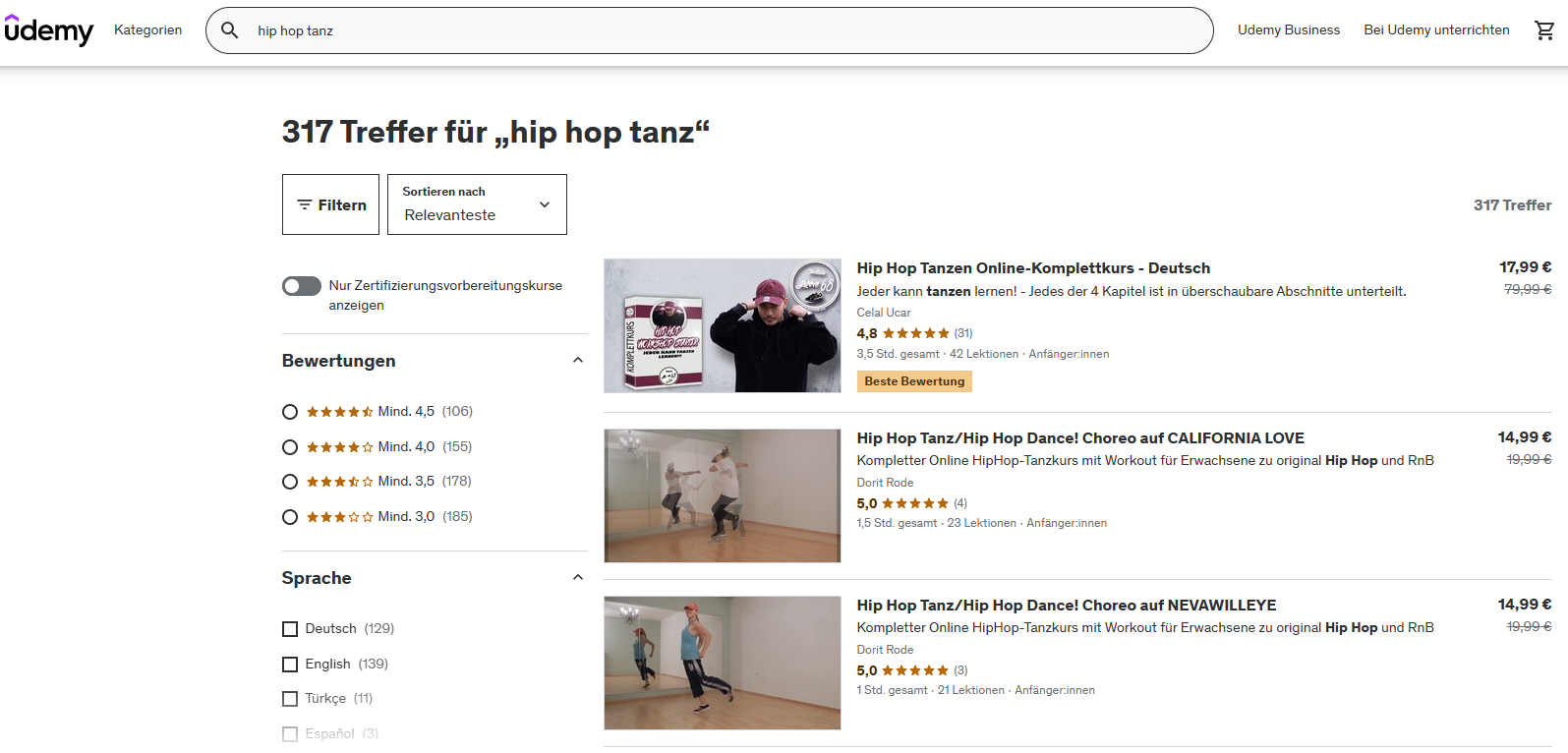 Tanzkurse für Hip Hop auf der Webseite von Udemy