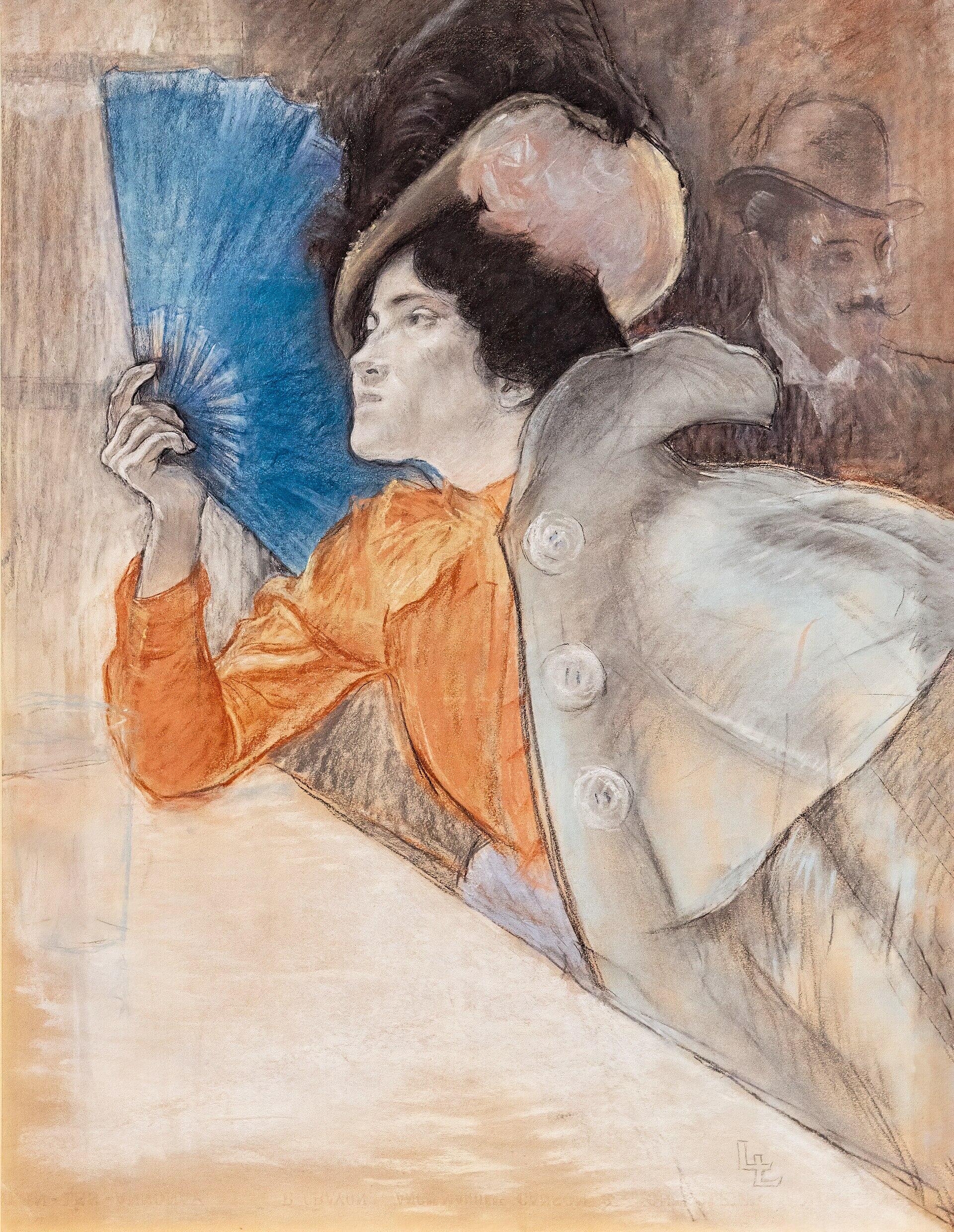 Ein Pastellbild von einer Frau mit Fächer.