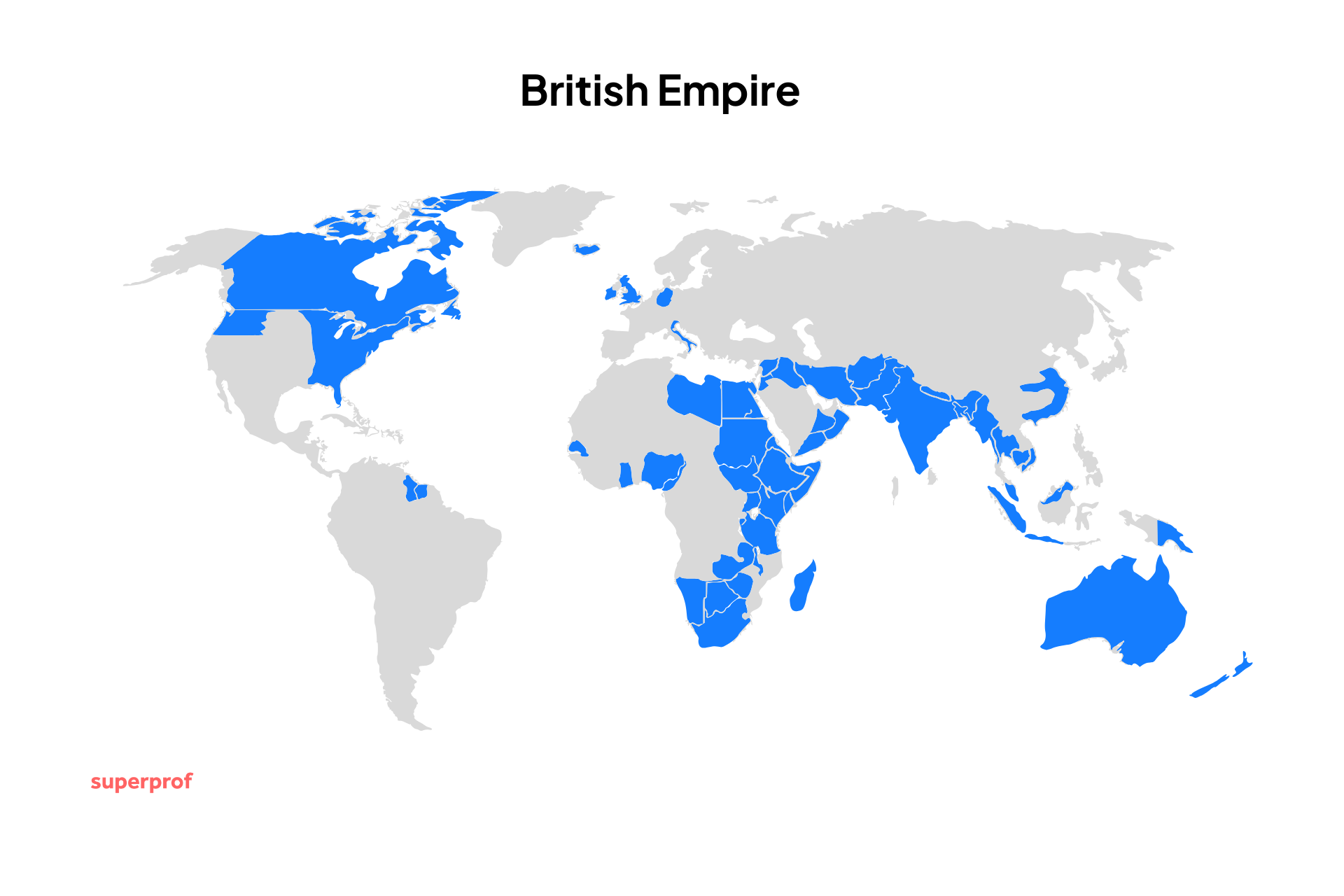 Die Regionen des British Empire auf einer Weltkarte blau markiert