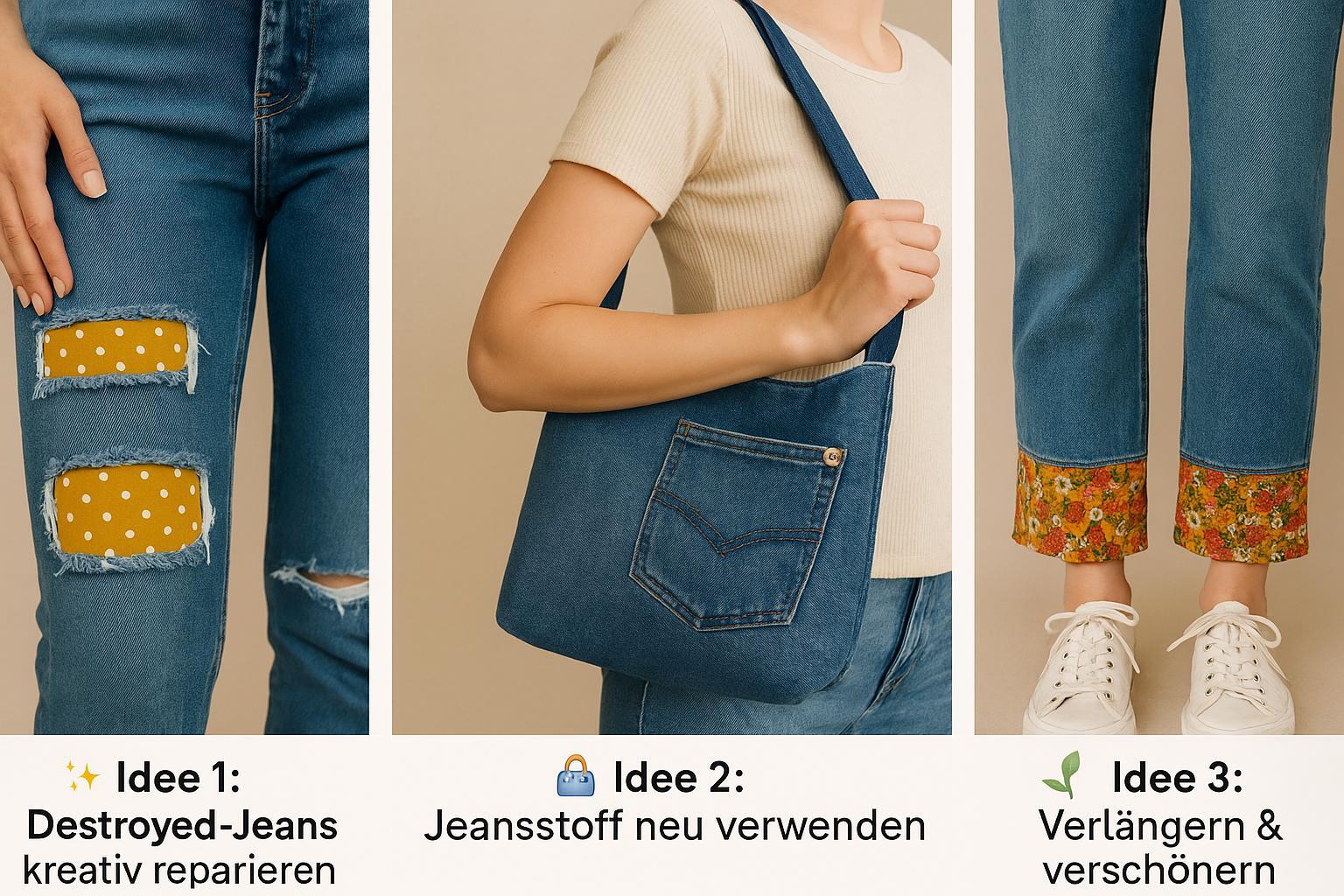Drei Upcycling-Ideen für Jeans mit Bildern illustriert