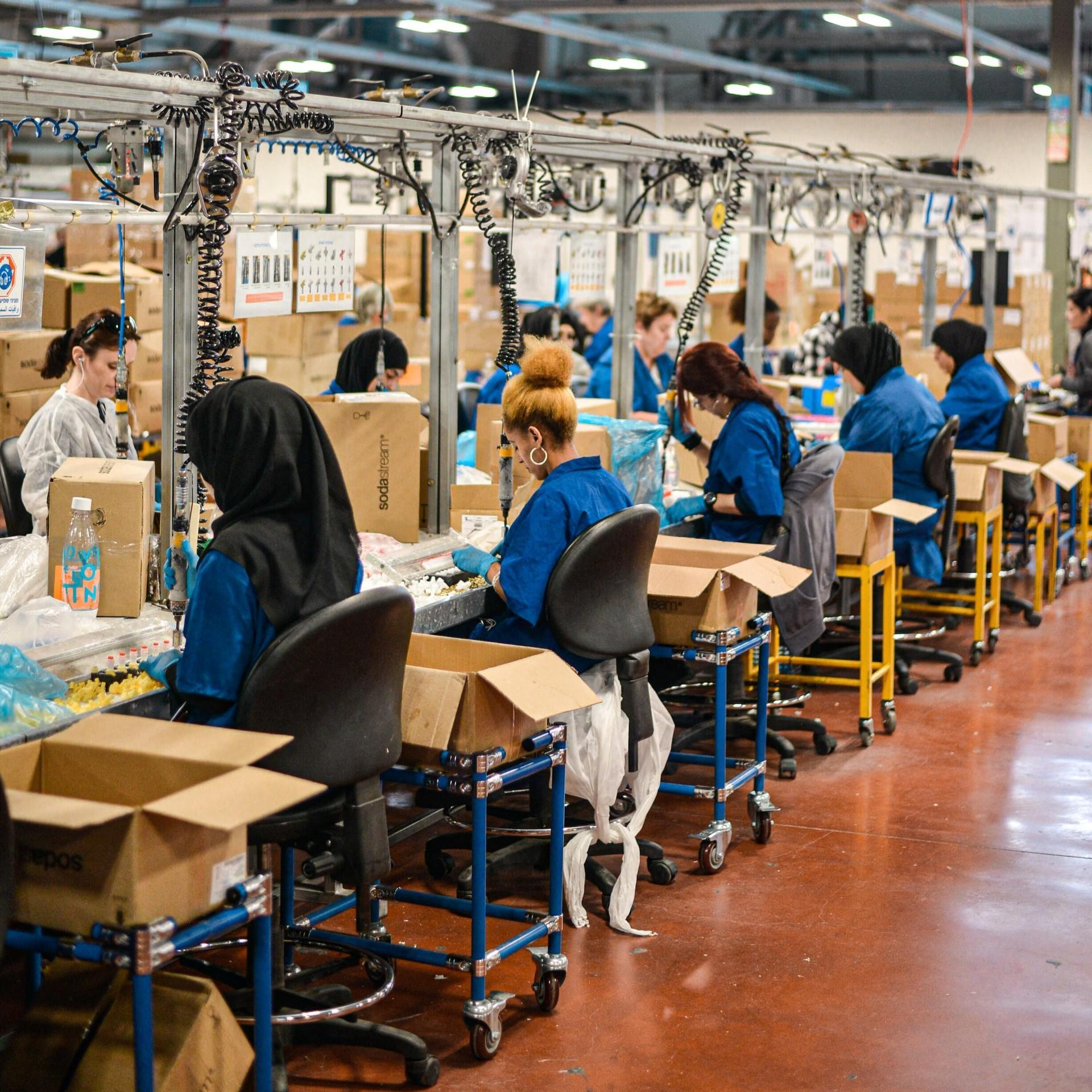 An langen Tischen arbeiten mehrere Personen.