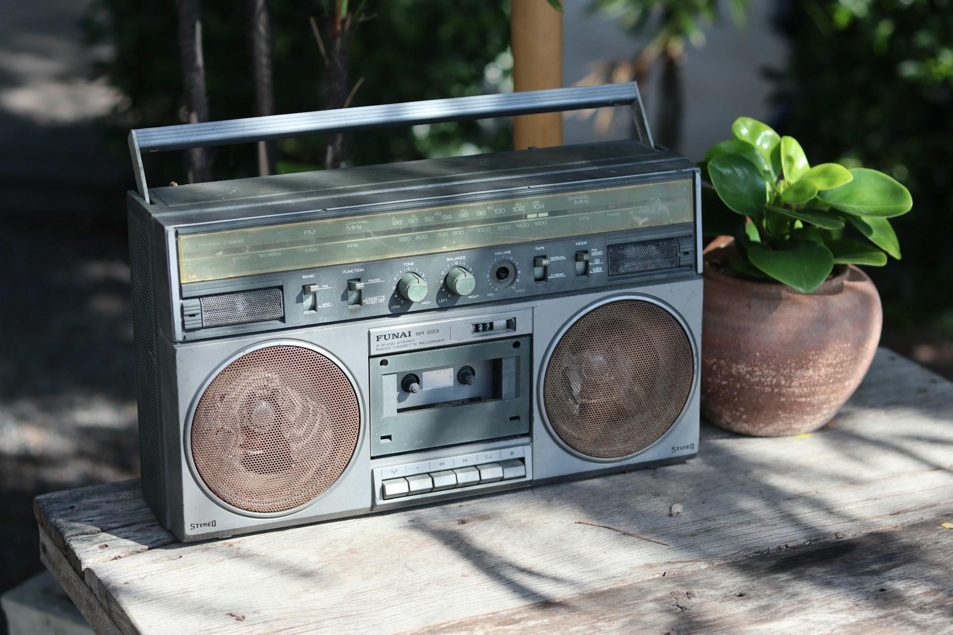 altes Radio neben einem Blumentopf