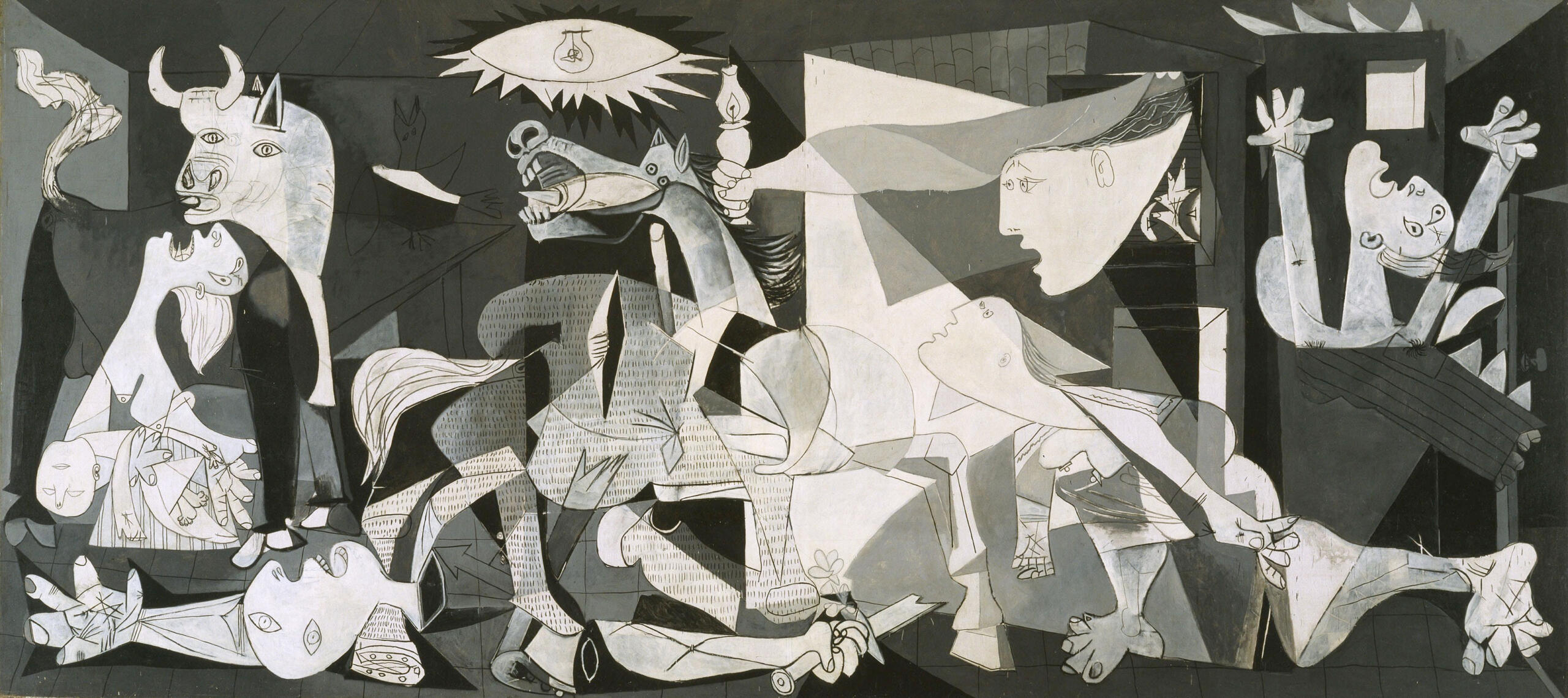 Das große schwarz-weiß Gemälde Guernica von Picasso.