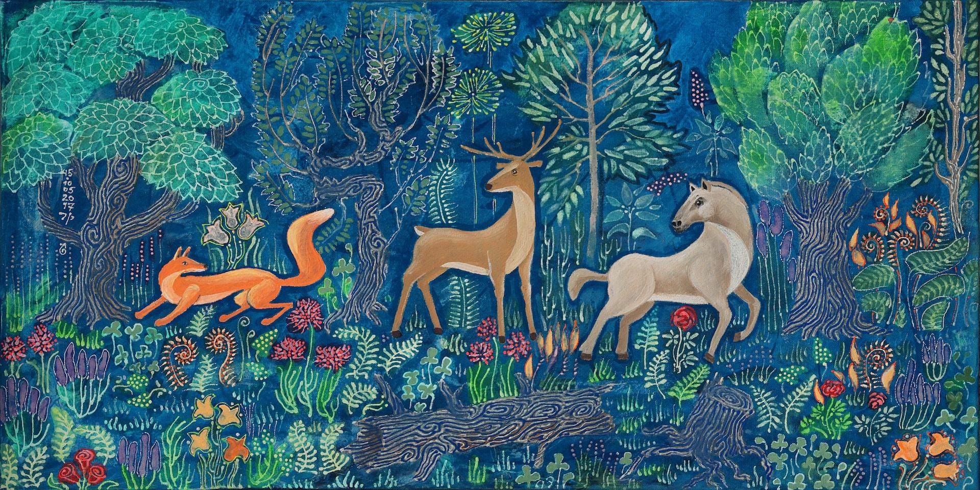 Kinder lernen am besten über Bildergeschichten wie mit Illustration von Hirsch und Pferd und Fuchs im Wald.