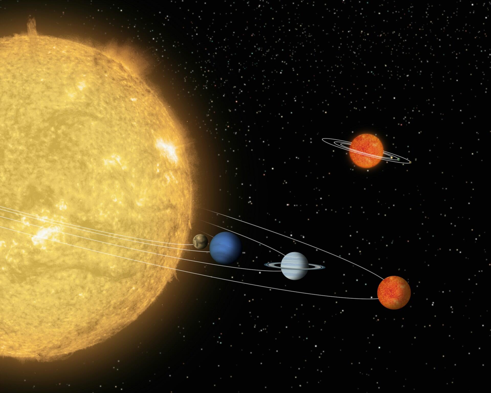 Leuchtende Sonne mit Planeten drumherum vor dunklem Himmel.