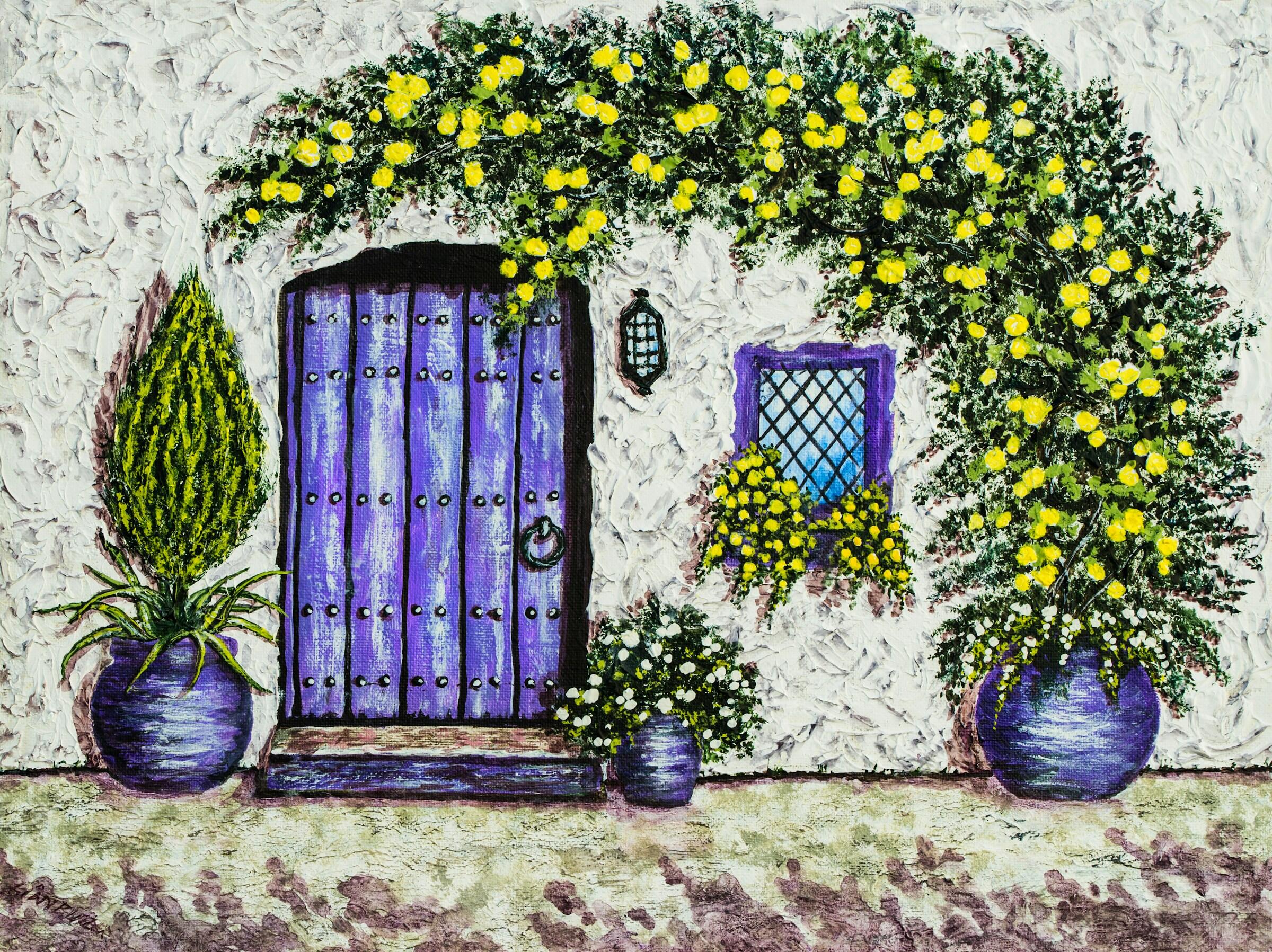 Ein Acrylbild von einem Haus.
