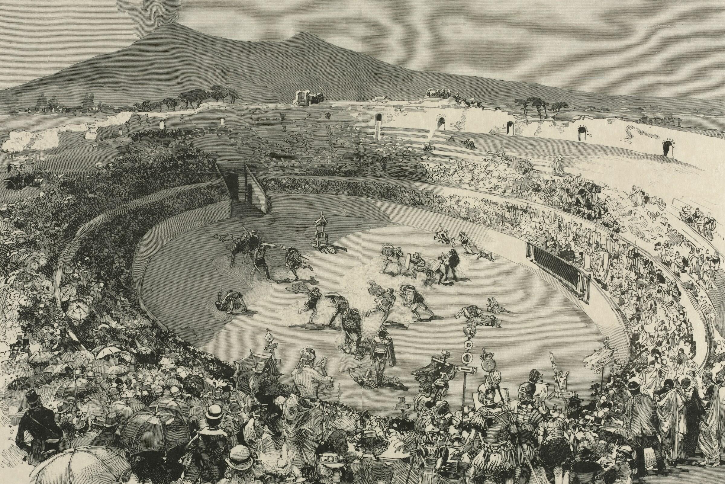 Eine detaillierte Zeichnung von einer Arena, in der Gladiatorenkämpfe stattfinden.