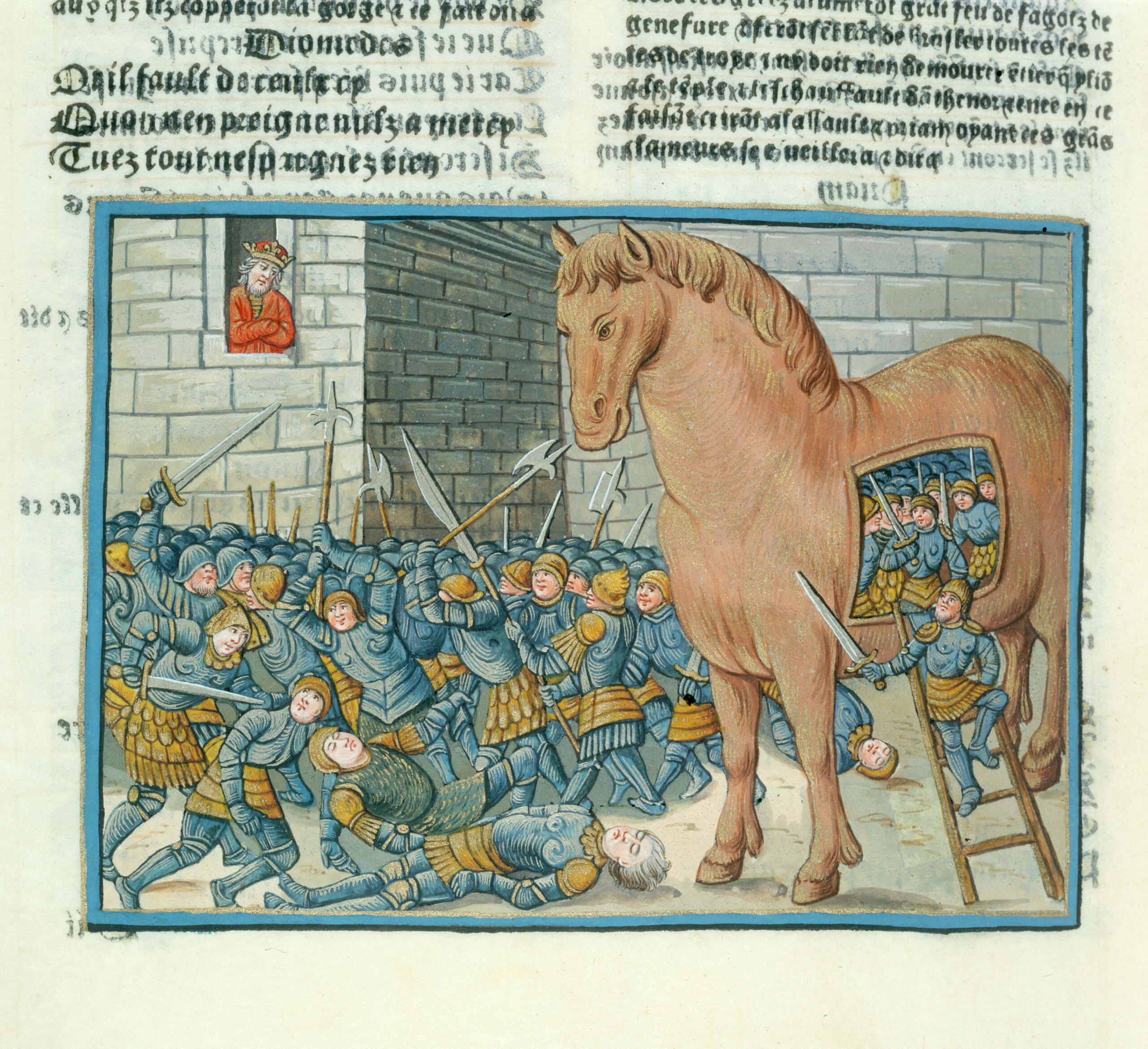 Eine Abbildung in einem Buch von dem trojanischem Pferd aus dem die Soldaten klettern.